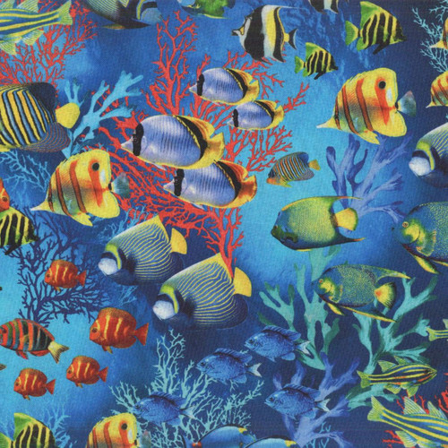 Benartex Fabrics Jewel of the Sea 108 Inch Wide Quilt Backing Tropical Ocean Fish, vibrant underwater coral reef scene with colorful tropical fish swimming among coral and sea plants.