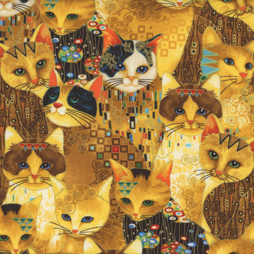 Timeless Treasures Fabrics Cleo Golden Bejeweled Cats Gold
