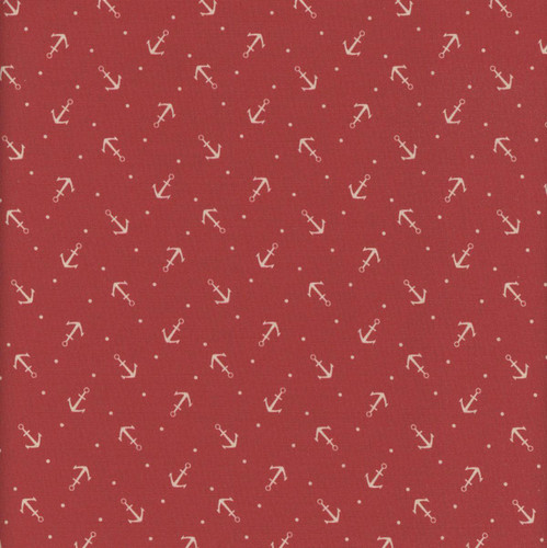 Marcus Fabrics Making Waves Katie Solberg Anchors Red fabric with white anchor and dotted pattern, nautical print, vibrant red background.