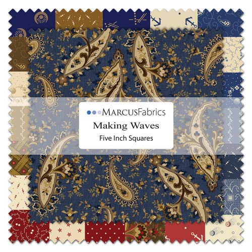 Marcus Fabrics Making Waves Katie Solberg Charm Squares 5 Inch, fabric sample pack featuring nautical and floral patterns in blue, beige, brown, and red colors.