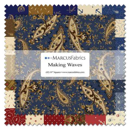 Marcus Fabrics Making Waves Katie Solberg Layer Cake Ten Inch Squares, fabric swatches featuring navy, cream, red, and gold colors with paisley and floral patterns.