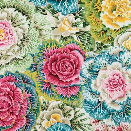 Free Spirit Fabrics Philip Jacobs 2012 Brassica Pastel, vibrant floral fabric pattern with pink, yellow, blue, and green colors.