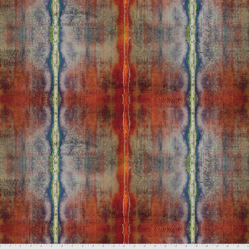 Free Spirit Abandoned 2 Tim Holtz Dyed Stripe Multi, vibrant multicolored pattern with horizontal and vertical dyed stripes, and vintage text accents.