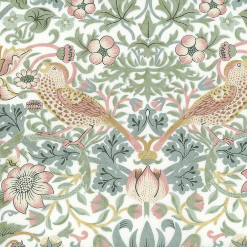Free Spirit Fabrics Leicester William Morris and Co Strawberry Thief Olive fabric, intricate floral pattern with birds, flowers, and leafy motifs in pastel colors.