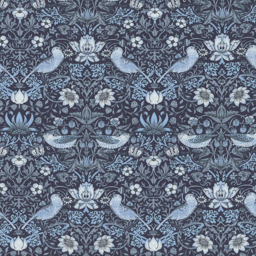 FreeSpirit Fabrics Buttermere William Morris & Co Mini Strawberry Thief Indigo, a detailed floral and bird pattern fabric in shades of blue and white.