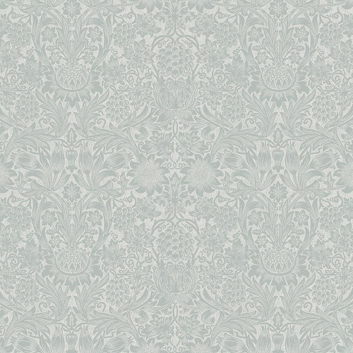 Free Spirit Fabrics William Morris and Co Mineral Pure Sunflower Mint, fabric pattern featuring intricate floral and sunflower motifs in mint green shade.