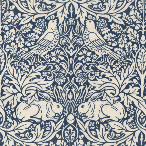Free Spirit Fabrics William Morris Standen Navy Brer Rabbit, intricate navy and white floral and animal pattern featuring rabbits, birds, and detailed foliage.