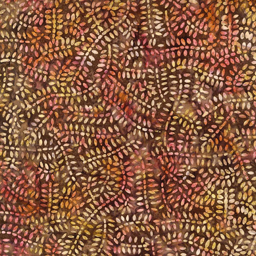 Timeless Treasures Fabrics Windsong Tonga Batiks Rainfall Leaves Truffle, fabric with an intricate pattern of colorful rainfall leaves in shades of pink, orange, yellow, and white on a dark truffle background.