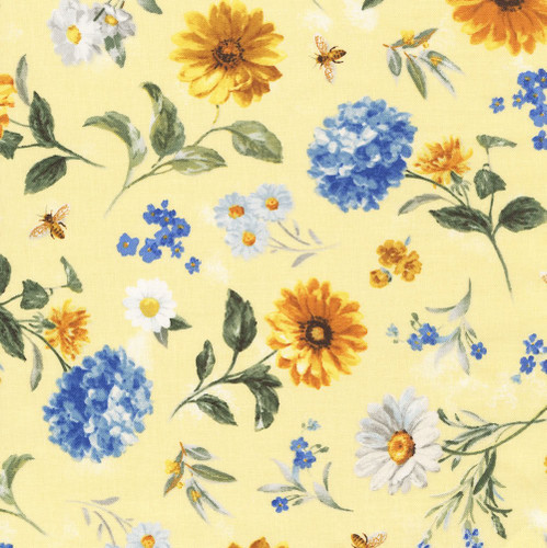 Wilmington Prints Bees & Blooms Danhui Nai Yellow Blue Tossed Large Flowers