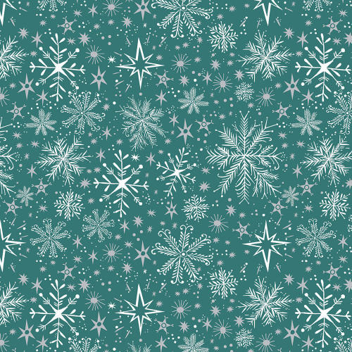 Benartex Fabrics Magical Season Katie Daisy Snow Frost Teal, fabric with white snowflake patterns on a teal background.