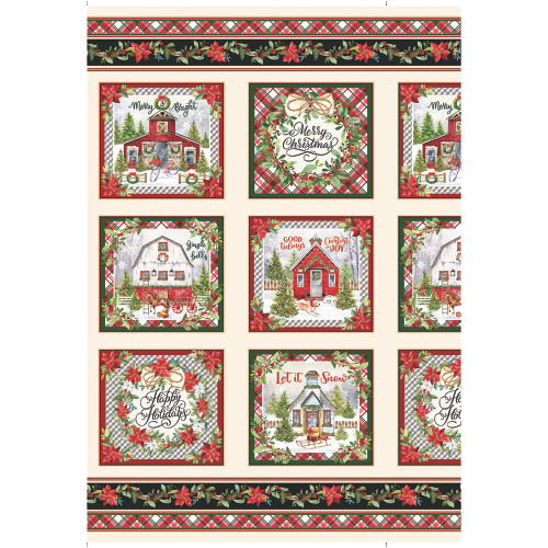 Benartex Fabrics Heartland Holiday Nicole Decamp Christmas Country Barns Red Cream Green Panel 24