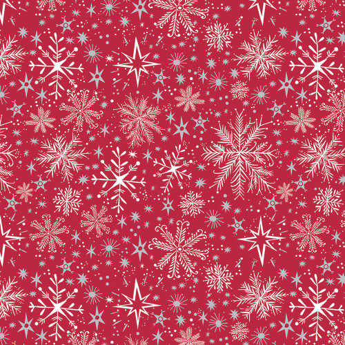 Benartex Fabrics Magical Season Katie Daisy Snow Frost Red, Christmas snowflake fabric pattern with white and light blue snowflakes and stars on a red background.