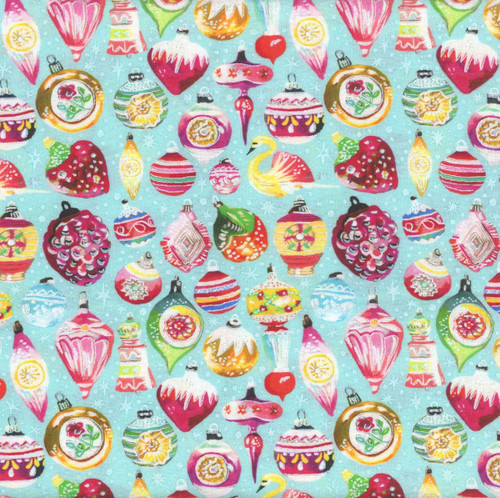 Benartex Fabrics Magical Season  Katie Daisy Vintage Ornaments Turquoise Multi