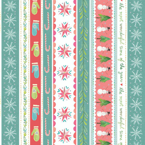 Benartex Fabrics Magical Season Katie Daisy Painterly Stripe Multi, colorful holiday-themed fabric with patterns of snowflakes, mittens, candy canes, poinsettias, green leaves, and snowmen.