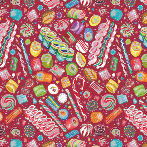 Benartex Fabrics Magical Season Katie Daisy Magical Sweets Red Multi, colorful candy and sweets pattern fabric.