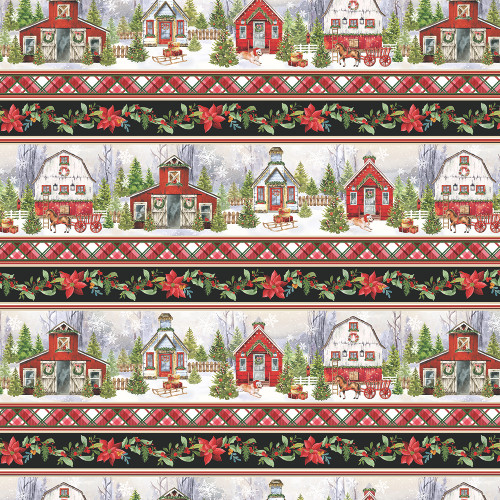 Benartex Fabrics Heartland Holiday Nicole Decamp Country Barns Plaid Floral Stripe Red Green