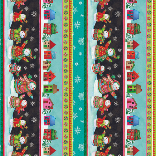 Benartex Fabrics Snow Joy Debbie Hron Teal Blue Black Stripe