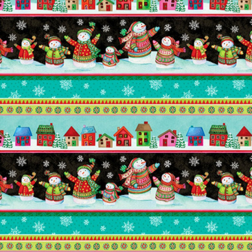Benartex Fabrics Snow Joy Debbie Hron Black Snow Joy Snowman Village Stripe