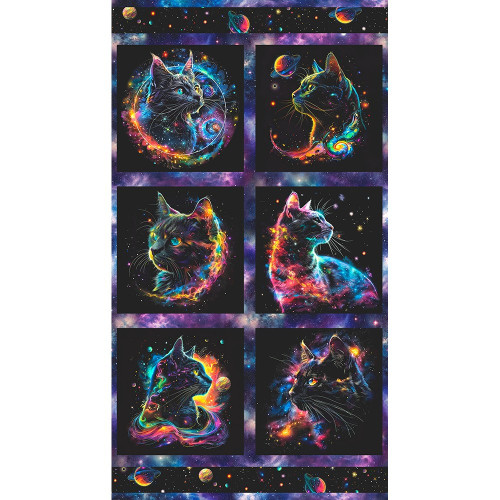Robert Kaufman Galaxy Cats Celestial Blue Neon Astrological Stripe