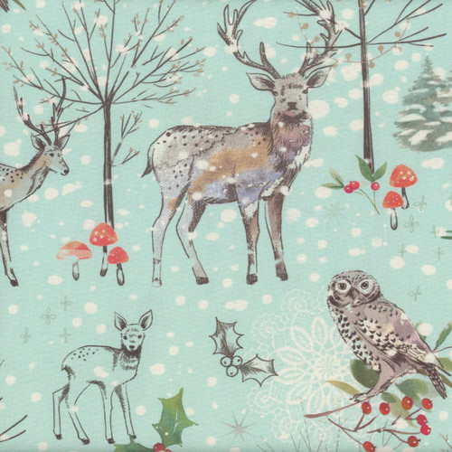 Benartex Fabrics Winter Haven Rachel Rossi Turquoise Blue Winters Tale Deer Owl Mushrooms