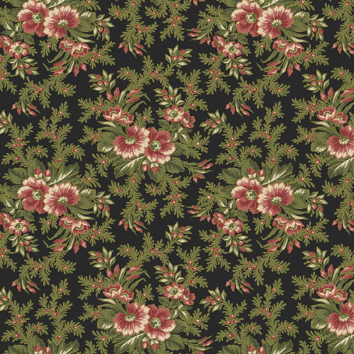 Benartex Fabrics Christmas At Home April Cornell Dalmia Floral Spray Black, Christmas floral fabric with pink and green floral pattern on a black background.