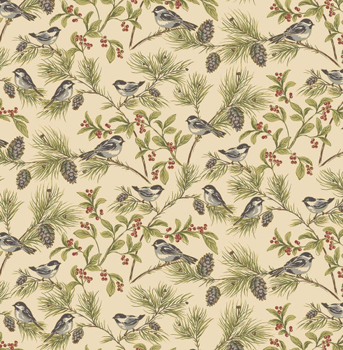 Benartex Fabrics Christmas At Home April Cornell Chickadees Natural, fabric featuring a holiday design with chickadee birds, pinecones, holly leaves, and red berries on a beige background.