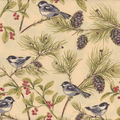 Benartex Fabrics Christmas At Home  April Cornell Chickadees Natural