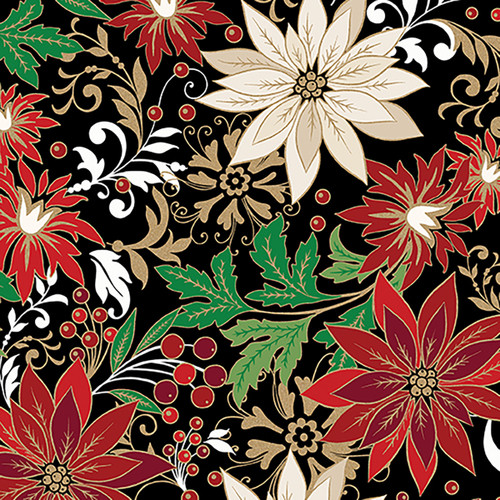 Benartex Fabrics Holiday Nouveau  Kanvas Studio Poinsettia Jacobean Black