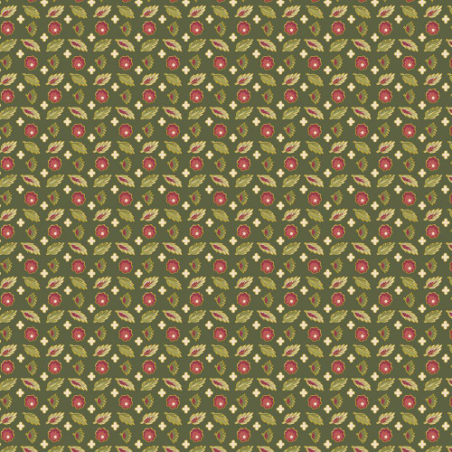Benartex Fabrics Christmas At Home April Cornell Emil Dark Green, pattern of red flowers, green leaves, and white accents on a dark green background.