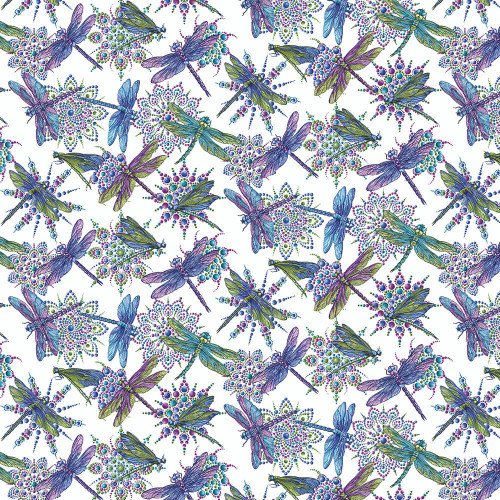 Benartex Fabrics Dragonfly Wonder Ann Lauer Small Dragonfly White Multi, colorful small dragonfly print on fabric featuring shades of purple, blue, green, and white.