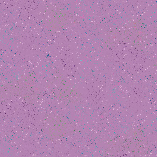 Benartex Fabrics Dragonfly Wonder Ann Lauer Spatter Multi Medium Orchid, fabric with a purple background covered in multicolored splatter patterns.