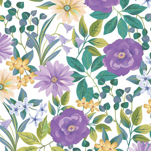 Benartex Fabrics Veronica's Garden Kanvas Studio Veronica's Garden Floral White, a floral fabric with purple, yellow, white, and green leaves and flowers on a white background.