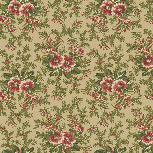 Benartex Fabrics Christmas At Home April Cornell Dalmia Floral Spray Tan, floral patterned fabric with green foliage, red and pink flowers, and floral accents on a tan background.