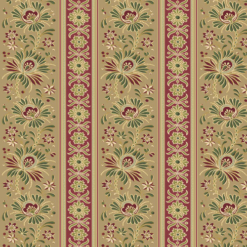 Benartex Fabrics Christmas At Home April Cornell Kenna Stripe Tan, a festive fabric with floral and striped patterns in tan, green, and red hues.