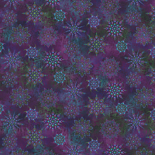 Benartex Fabrics Dragonfly Wonder Ann Lauer Cirrus Beaded Medallion Plum Multi, a vibrant fabric with intricate multicolored bead-like medallion patterns on a dark purple background.