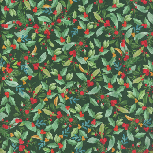 Benartex Fabrics Heartland Holiday Nicole Decamp Leaves and Berries Green Teal Red