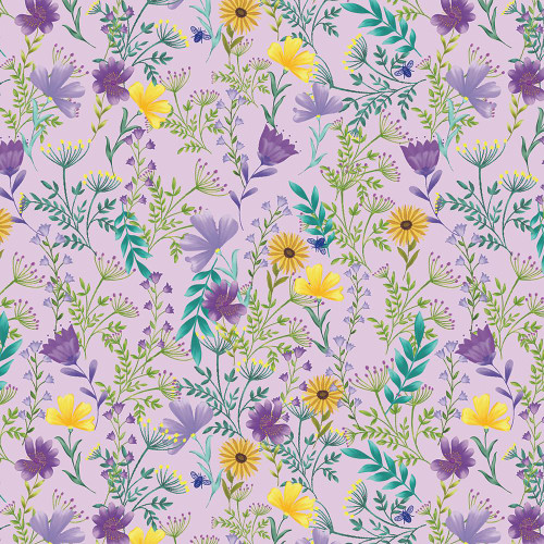 Benartex Fabrics Veronica's Garden Kanvas Studio Wildflowers Lilac, colorful floral fabric pattern with purple, yellow, green, and blue wildflowers and leaves on a light purple background.