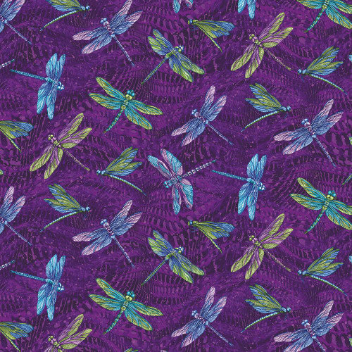 Benartex Fabrics Dragonfly Wonder Ann Lauer Large Dragonfly Purple Multi, colorful dragonflies on a vibrant purple background.