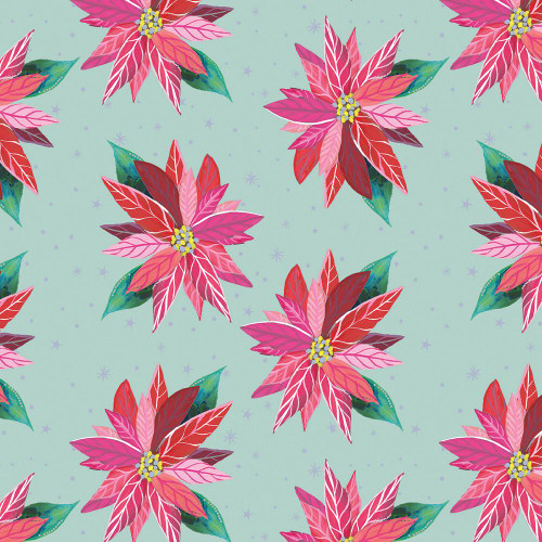 Benartex Fabrics Magical Season, Katie Daisy Painterly Poinsettia Light Turquoise pattern featuring vibrant pink and red poinsettia flowers with green leaves on a light turquoise background.