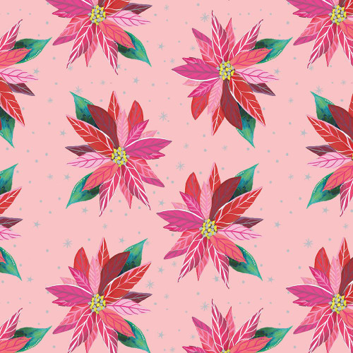 Benartex Fabrics Magical Season Katie Daisy Painterly Poinsettia Light Pink, festive floral pattern featuring pink poinsettia flowers with green leaves on a light pink background.