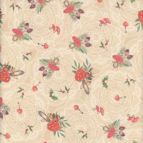 Benartex Fabrics Winter Haven Rachel Rossi Natural Cream Forest Gathering Mushrooms over Lace