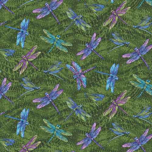 Benartex Fabrics Dragonfly Wonder Ann Lauer Large Dragonfly Pine Multi, colorful dragonflies on a green fern background fabric design.