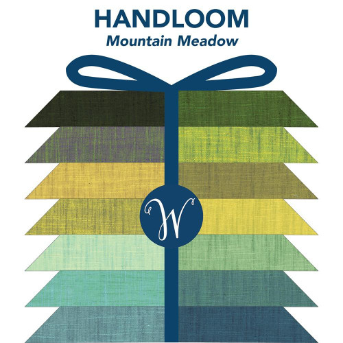 Windham Fabrics Handloom Tara Faughnan Mountain Meadow Fat Quarter Bundle, image showing a variety of fabric swatches in mountain meadow shades with a bow illustration.