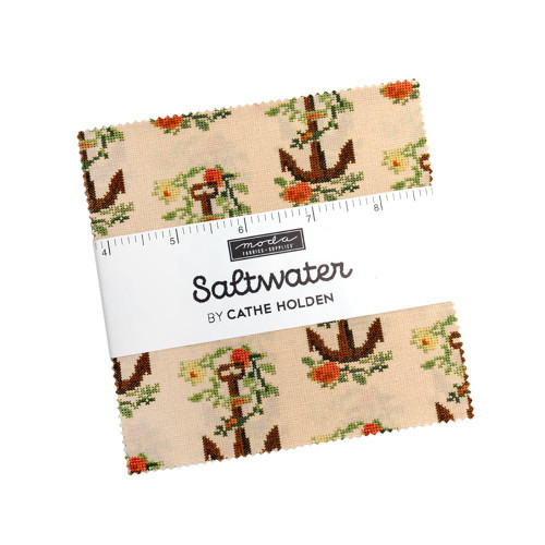 Moda Fabrics Saltwater Cathe Holden 5 Inch Squares Charm Pack, fabric bundle with nautical-themed Cross Stitch pattern featuring anchors, boats, and flowers on beige background.