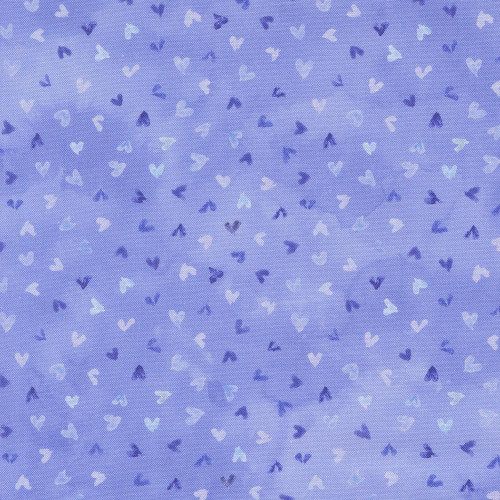Moda Fabrics Delphinium Janet Clare Tossed Hearts Bluebell Blue, fabric with a pattern of small white and blue hearts on a light blue background.