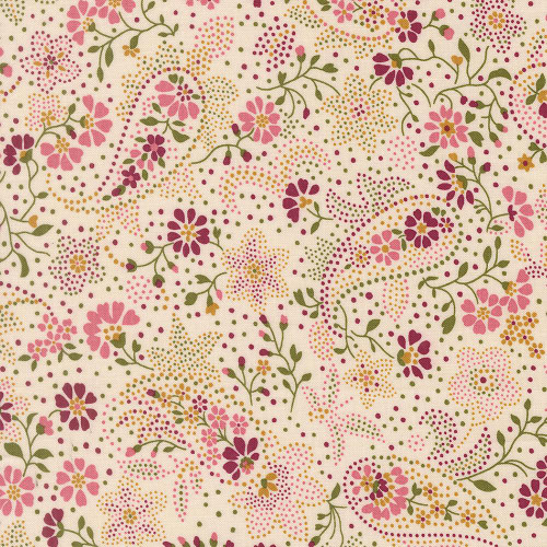 Moda Fabrics Chelsea Garden Moda Bohemian Flare Dotted Paisley Porcelain, floral patterned fabric with pink, purple, yellow, and green floral and paisley design on a white background.