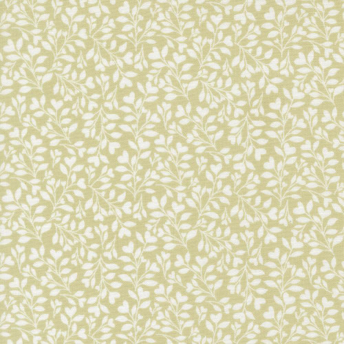 Moda Fabrics Abide Brenda Riddle Heart Leaves Foliage Light Green Green, fabric with a pattern of white heart-shaped leaves and foliage on a light green background.