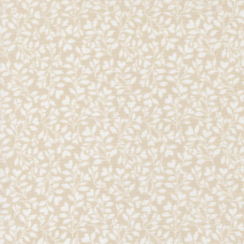 Moda Fabrics Abide Brenda Riddle Heart Leaves Foliage Stone Tan, fabric featuring a repeating pattern of white heart-shaped leaves and foliage on a tan background.