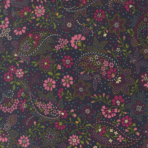Moda Fabrics Chelsea Garden Moda Bohemian Flare Dotted Paisley Midnight Blue, floral and paisley fabric with pink, white, and yellow dots and green vines on a midnight blue background.