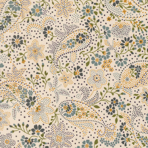 Moda Fabrics Chelsea Garden Moda Bohemian Flare Dotted Paisley Porcelain Peacoc fabric, floral and paisley pattern in blue, yellow, green, and white colors.